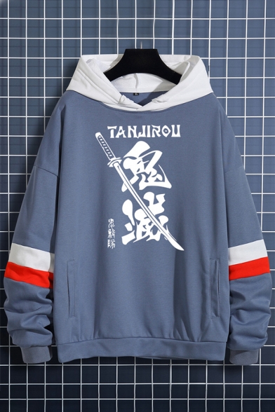 Chic Hoodie Colorblock Japanese Letter Printed Drawstring Relaxed Fitted Long Sleeve Hoodie for Men