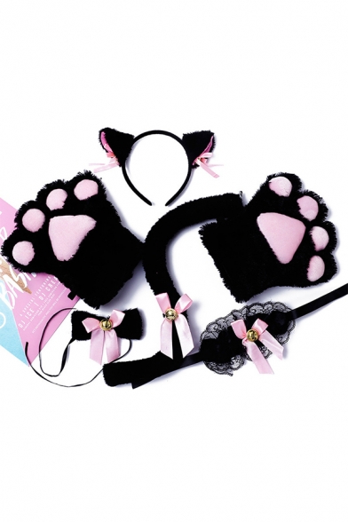Cute Black and Pink Cat Paws Mittens Faux Fur Tail Bow Tie Ears Headband Cosplay Set