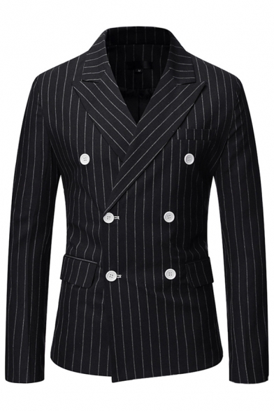 Men's Vertical Stripes Pattern Long Sleeve Double Breasted Peaked Lapel Black Suit Blazer Coat