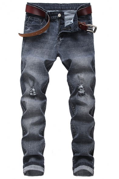 Mens Cool Skull Embroidery Distressed Washed Pleated Knee Grey Biker Jeans