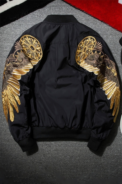 Fashion Embroidery Wing Stand Up Collar Zip Up Bomber Aviator Jacket with Pocket
