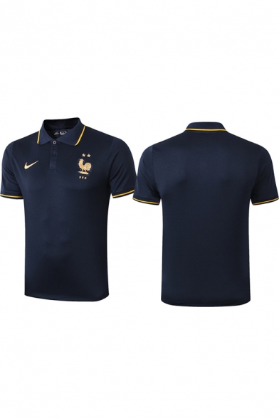 Fashion France Soccer Cock Logo Printed Contrast Tipped Collar Short Sleeve Men's Slim Polo