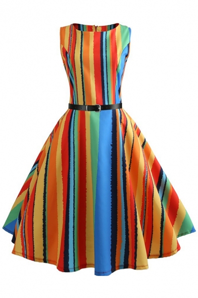 Fashionable Rainbow Colorful Striped Pattern V-Back Belted Midi Fit & Flare Dress