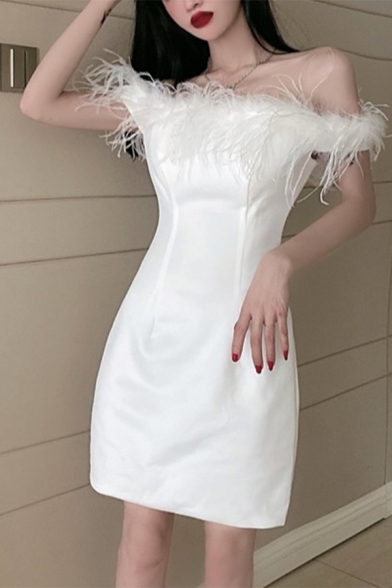Sexy Short Sleeve Off The Shoulder Plain Feather Embellished Mini Bodycon Dress
