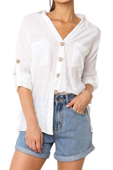 Summer Trendy Lapel Collar Long Sleeve Plain Button Down Linen Blouse Top