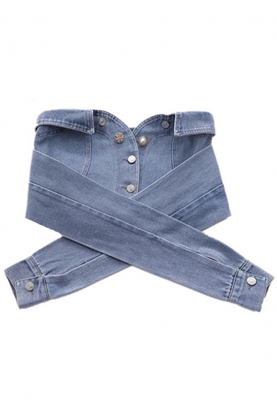 Womens Sexy Strapless Self Tie Knot Front Cross Wrap Bandeau Cropped Top Button Down Denim Jacket
