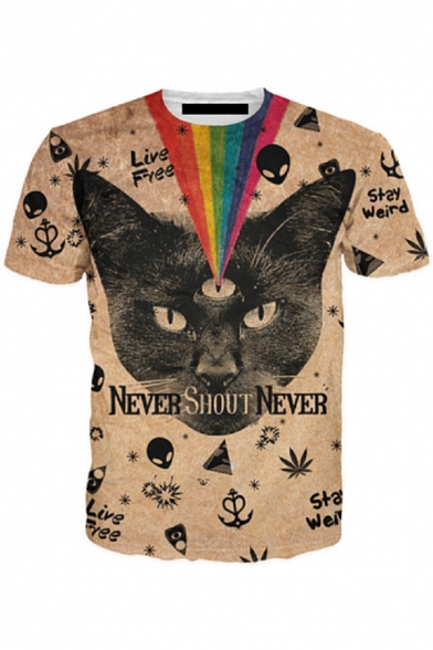 Creative Rainbow Cat 3D Printed Short Sleeves Round Neck Regular Fit Khaki Basic T-Shirt