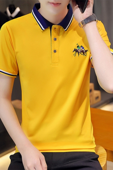 Contrast Rib Collar Tipped Short Sleeve Slim Fitted Cotton Embroidered Horse Logo Polo for Men