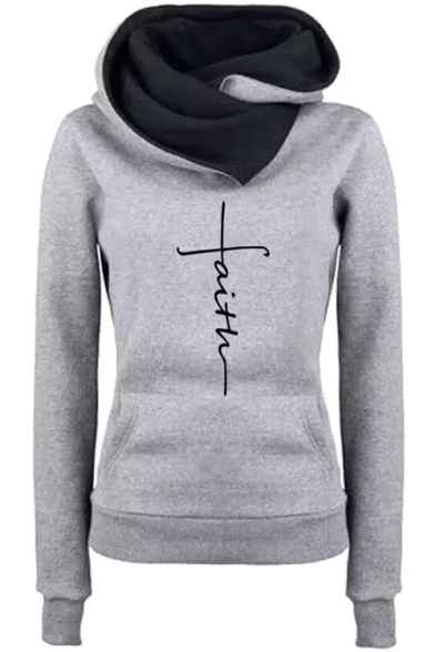 Simple Cartoon Butterfly and Letter Print Cowl Neck Long Sleeve Pouch Pocket Thick Graphic Hoodie
