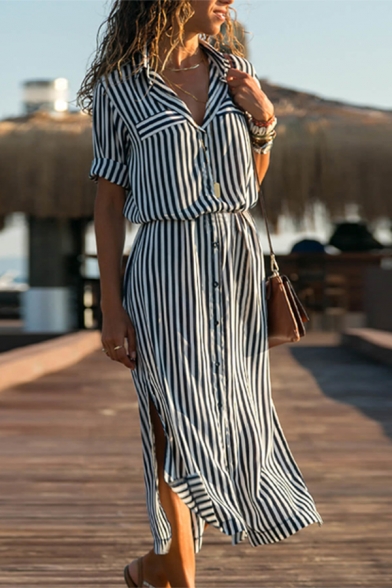 New Trendy Striped Print Long Sleeve Lapel Collar Belted Waist Split Side Button Down Maxi Shirt Dress