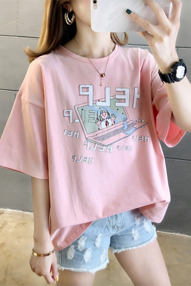 Popular Letter Help Cartoon Graphic Short Sleeve Crew Neck Relaxed T Shirt for Girls