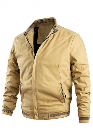 Basic Jacket Stripe Print Zipper Closure Pockets Detail Stand Collar Long-Sleeved Fit Jacket for Men