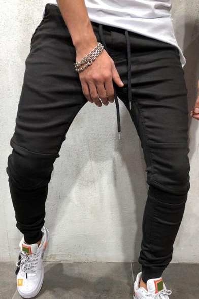 Casual Men's Jeans Solid Color Drawstring Waist Ankle Length Slim Fitted Jeans