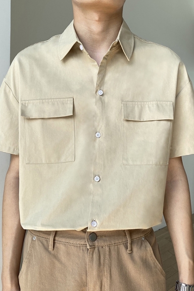 Casual Men's Shirt Solid Color Chest Flap Pocket Short-Sleeved Point Collar Button-up Relaxed Shirt Top