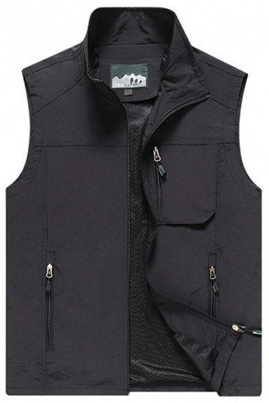 Casual Men's Vest Pure Color Pocket Detail Zip-up Stand Collar Regular Fit Vest