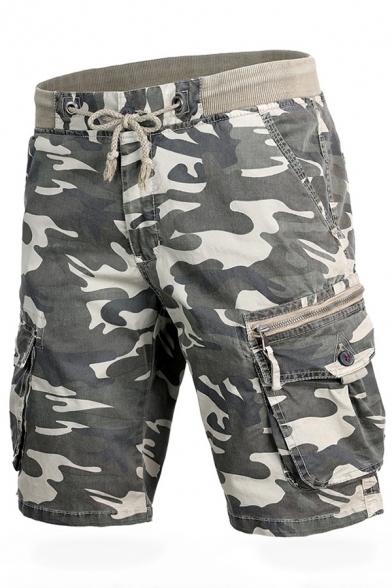 Cool Men's Shorts Camouflage Print Pockets Drawstring Detail Straight Leg Cargo Shorts