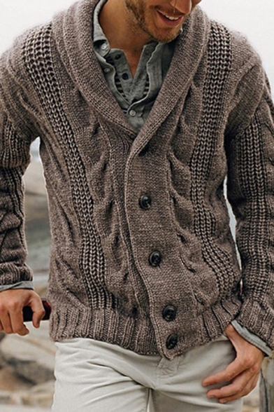 Cool Mens Cardigan Plain Shawl Collar Long Sleeves Button-up Regular Fit Knit Cardigan