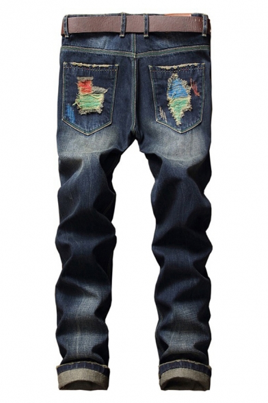 Dashing Men's Jeans Distressed Ripped Mid-Rise Zip-Fly Slim-Fit Full Length Jeans