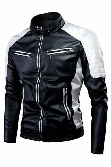 Dashing Mens PU Jacket Color Block Stand Collar Full-Zipper Long Sleeve Slim Jacket