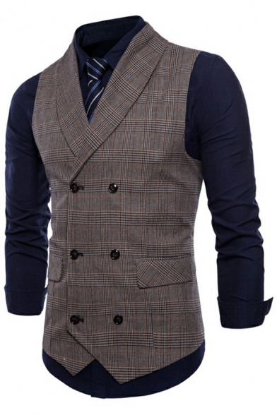Elegant Suit Vest Plaid Pattern Double Breasted Lapel Flap Pockets Slim Vest for Men