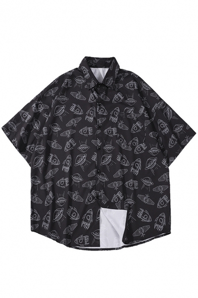 Fancy Men's Shirt All over Rocket Print Half Sleeves Point Collar Button Closure Loose Fitted Shirt Top