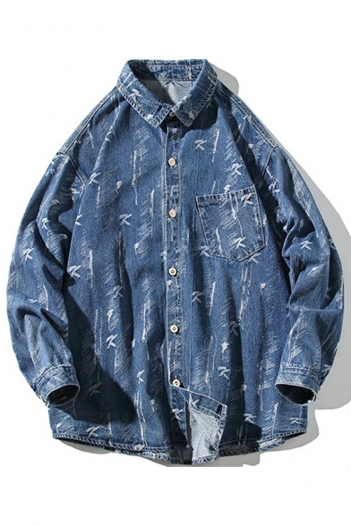 Fashionable Jacket Graffiti Printed Single Breasted Turn-Down Collar Long-sleeved Loose Denim Jacket for Men
