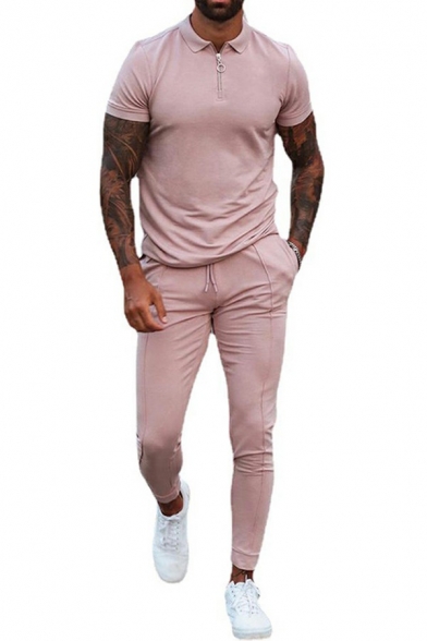Leisure Co-ords Solid Colore Zip-Lapel Collar Short Sleeves Tee & Slim Pants Co-ords for Guys