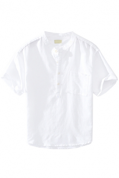 Leisure Mens Shirt Solid Color Short Sleeve Collarless Button Up Regular Fit Shirt
