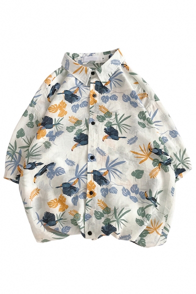Men Casual Shirt Tropical Plant Leaf Patterned Button up Turn-down Collar Short-sleeved Loose Fit Shirt