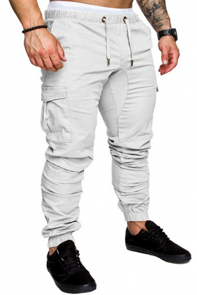 Men Popular Cargo Pants Pure Color Elastic Waist Mid-Rise Flap Pocket Fitted Pants