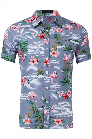 Men Popular Shirt Tropical Flamingo Patterned Lapel Collar Button Closure Short-sleeved Slim Fit Shirt