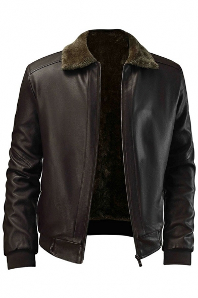 Men Retro Leather Jacket Solid Color PU Turn-down Collar Zip Fly Pocket Detailed Regular Fitted Leather Jacket