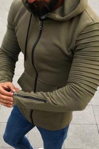 Men Sporty Hoodie Plain Folds Full Zip Side Pocket Long Sleeves Slim Fitted Hoodie