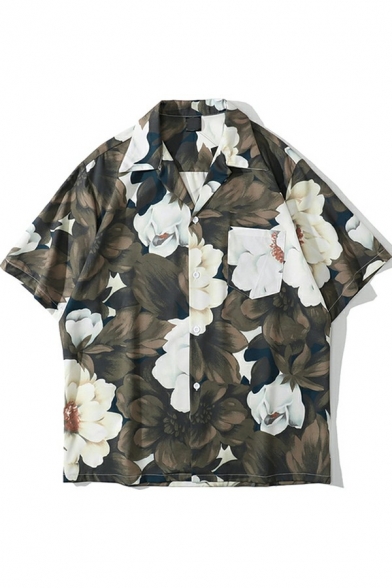 Men Trendy Shirt Floral Printed Short Sleeve Spread Collar Button Closure Relaxed Fit Shirt Top in Brown