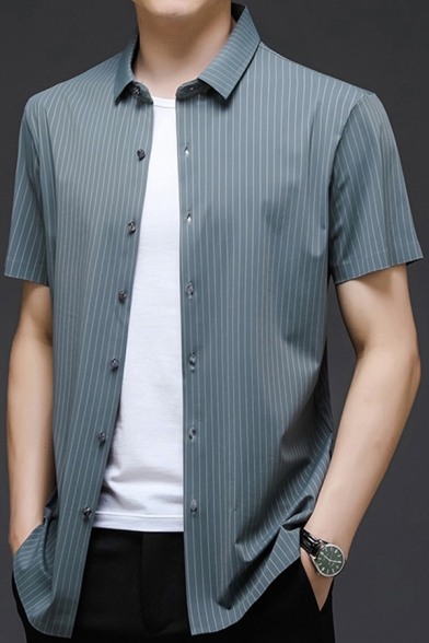 Mens Formal Shirt Pinstripe Print Short-Sleeved Turn Down Collar Slim Button Shirt