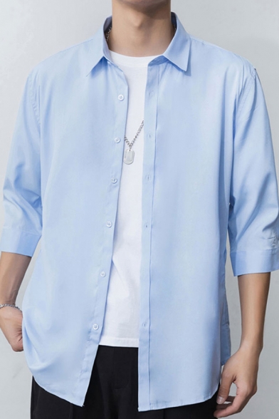Mens Leisure Shirt Solid Color 3/4 Sleeve Turn Down Collar Button Up Regular Fit Shirt Top