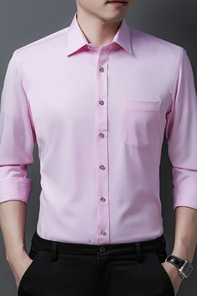 Mens Simple Shirt Solid Color Chest Pocket Long Sleeves Turn Down Collar Button-down Fitted Shirt