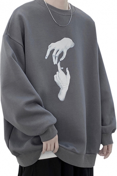 Mens Trendy Sweatshirt Hands Printed Long Sleeve Crew Neck Pullover Relaxed Sweatshirt Top