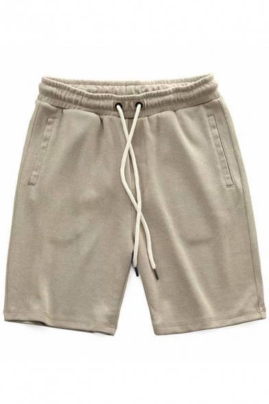 Modern Fitness Shorts Pure Color Diagonal Pockets Mid Rise over The Knee Fitted Shorts for Men