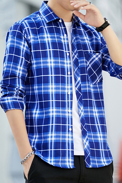 Modern Shirt Square Printed Button-up Turn-down Collar Front Pocket Long Sleeves Regular Shirt for Men