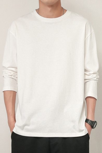 Simple Men's Sweatshirt Solid Color Long Sleeves Crew Neck Regular Fit Sweatshirt