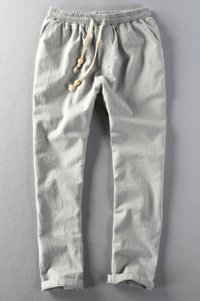 Simple Mens Pants Plain Ankle Length Drawstring Waist Straight Pants
