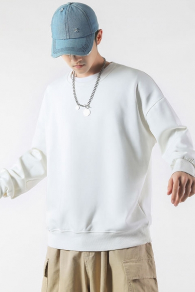 Simple Sweatshirt Plain Long Sleeve Crew Neck Relaxed Fitted Pullover Sweatshirt for Men