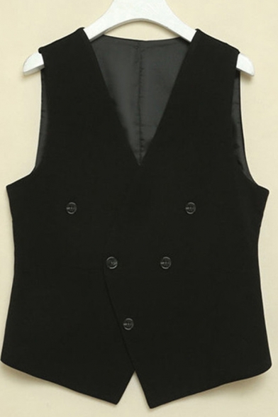Sporty Suit Vest Solid Color V-Neck Button Closure Slim Fit Suit Vest for Men