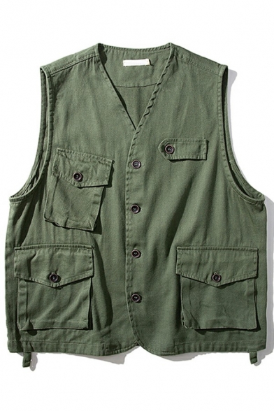 Street Look Vest Solid Color Button Closure Multi Pockets Relaxed Fit Vest for Men