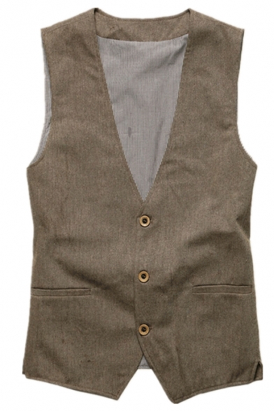Street Style Suit Vest Solid Color Pocket Detail V-Neck Single Breasted Skinny Fit Suit Vest for Men
