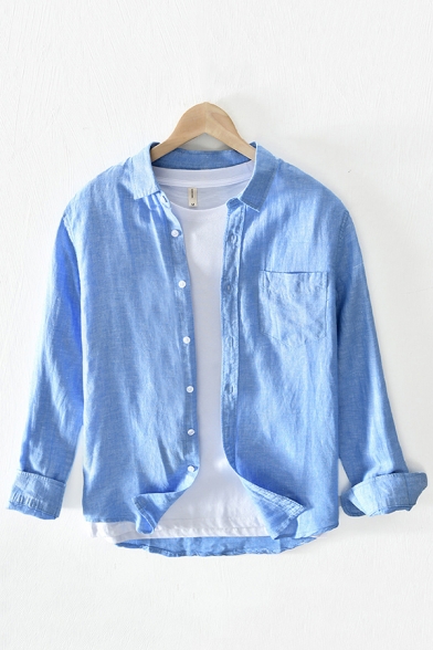 Stylish Mens Linen Shirt Plain Single Pocket Button-up Long Sleeve Lapel Loose Shirt