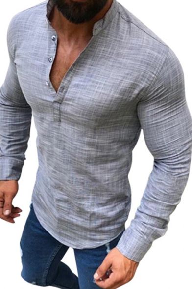 Trendy Shirt Solid Color Long Sleeves Stand Collar Button-up Slim-Fitted Shirt for Men