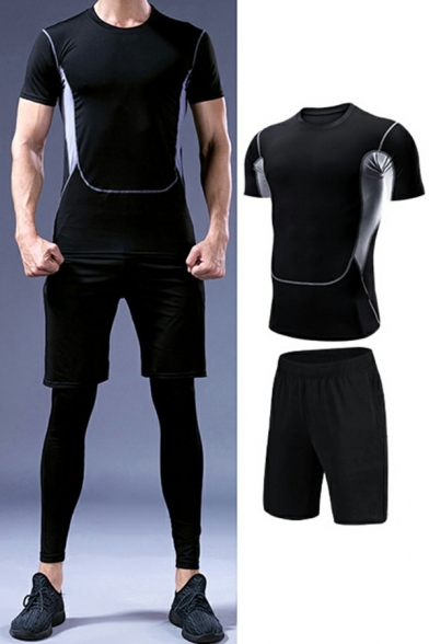 Activewear Set Color Block Short Sleeve Round Neck Slim Fit Tee Top with Elastic Waist 7/8 Length Pants Set for Men
