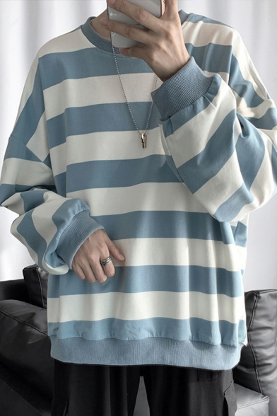 Casual Boys Sweatshirt Stripe Printed Long Sleeve Crew Neck Loose Pullover Sweatshirt